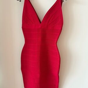 Herve Leger Red Ruched Bodycon Dress